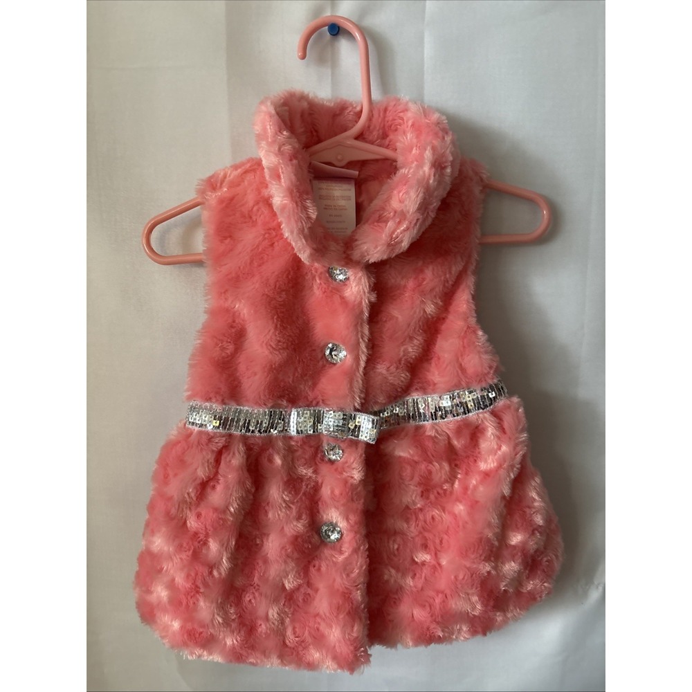 Girls Nanette Coral Rhinestone Gray‎ Trim Dressy Plush Winter Vest Size 18Months